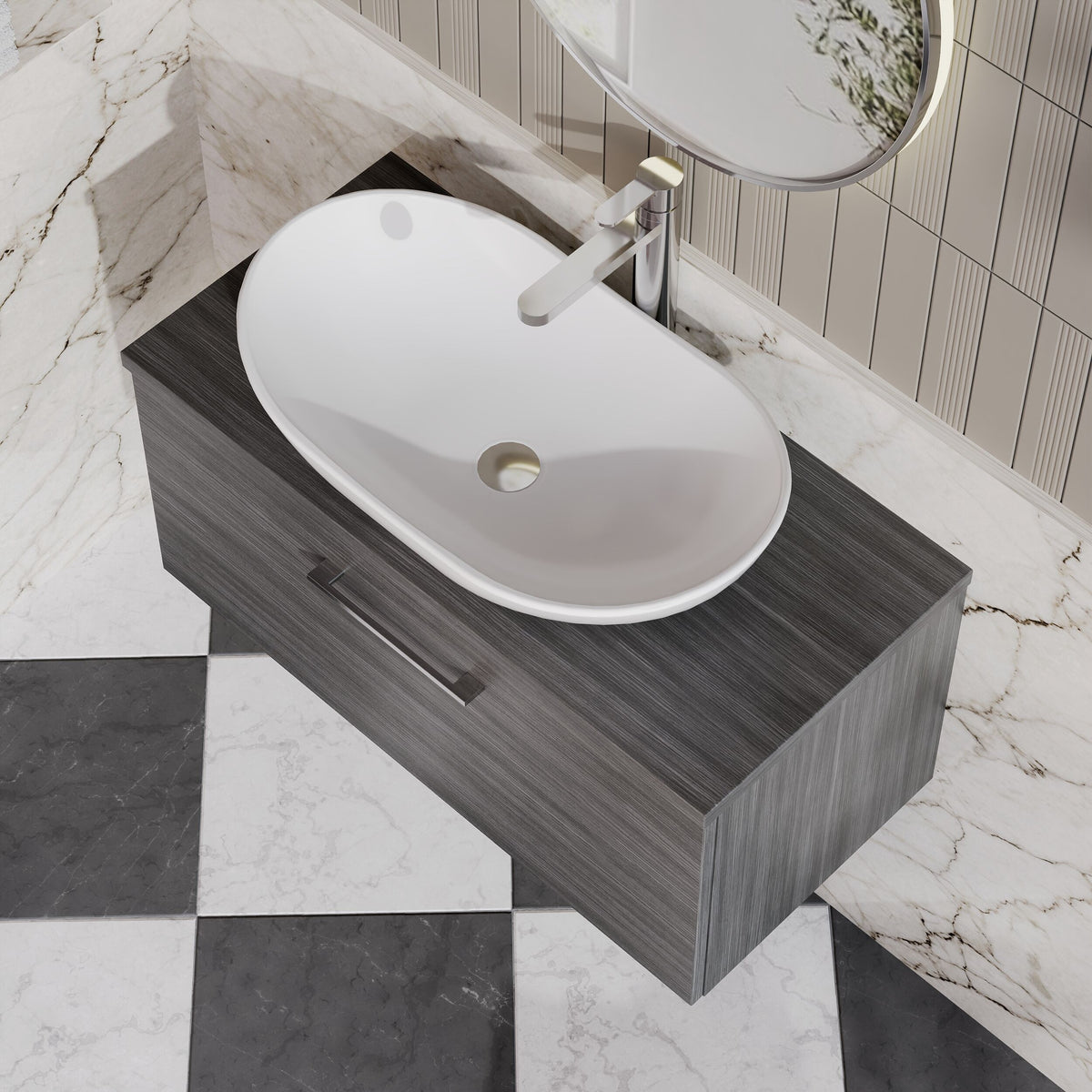 Modern Splash 805mm Anthracite Woodgrain 1 Drawer Wall Hung Vanity Unit With Co-ordinating Worktop