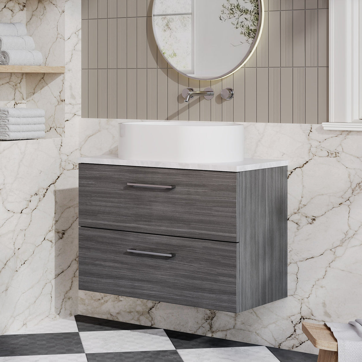 Modern Splash 800mm Anthracite Woodgrain 2 Drawer Wall Hung Vanity Unit With Bellato Grey Worktop