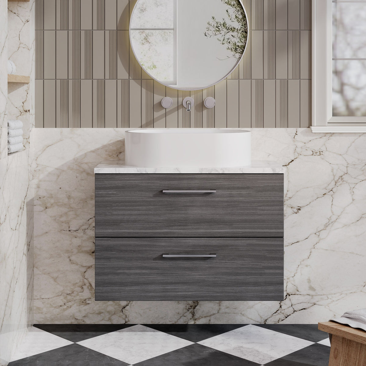 Modern Splash 800mm Anthracite Woodgrain Wall Hung Anthracite Woodgrain 2 Drawer Vanity Unit With Carrara Laminate Worktop