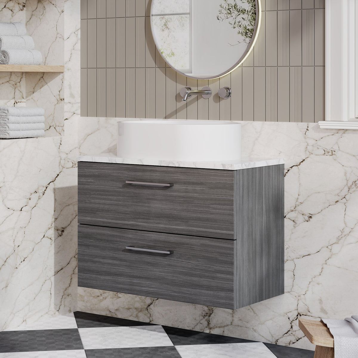 Modern Splash 800mm Anthracite Woodgrain Wall Hung Anthracite Woodgrain 2 Drawer Vanity Unit With Carrara Laminate Worktop
