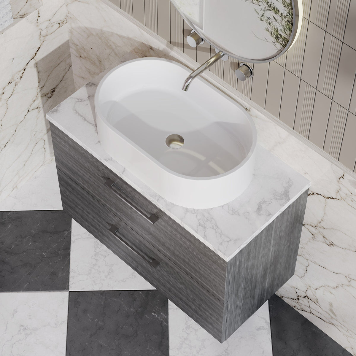 Modern Splash 800mm Anthracite Woodgrain Wall Hung Anthracite Woodgrain 2 Drawer Vanity Unit With Carrara Laminate Worktop