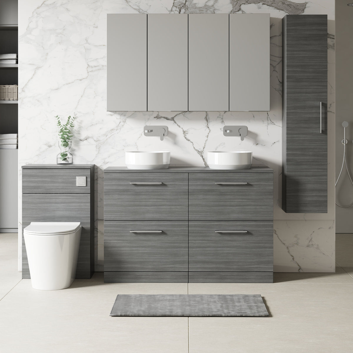 Modern Splash 1200mm Anthracite Woodgrain 4 Drawer Floor Standing Vanity Unit With Co-ordinating Worktop