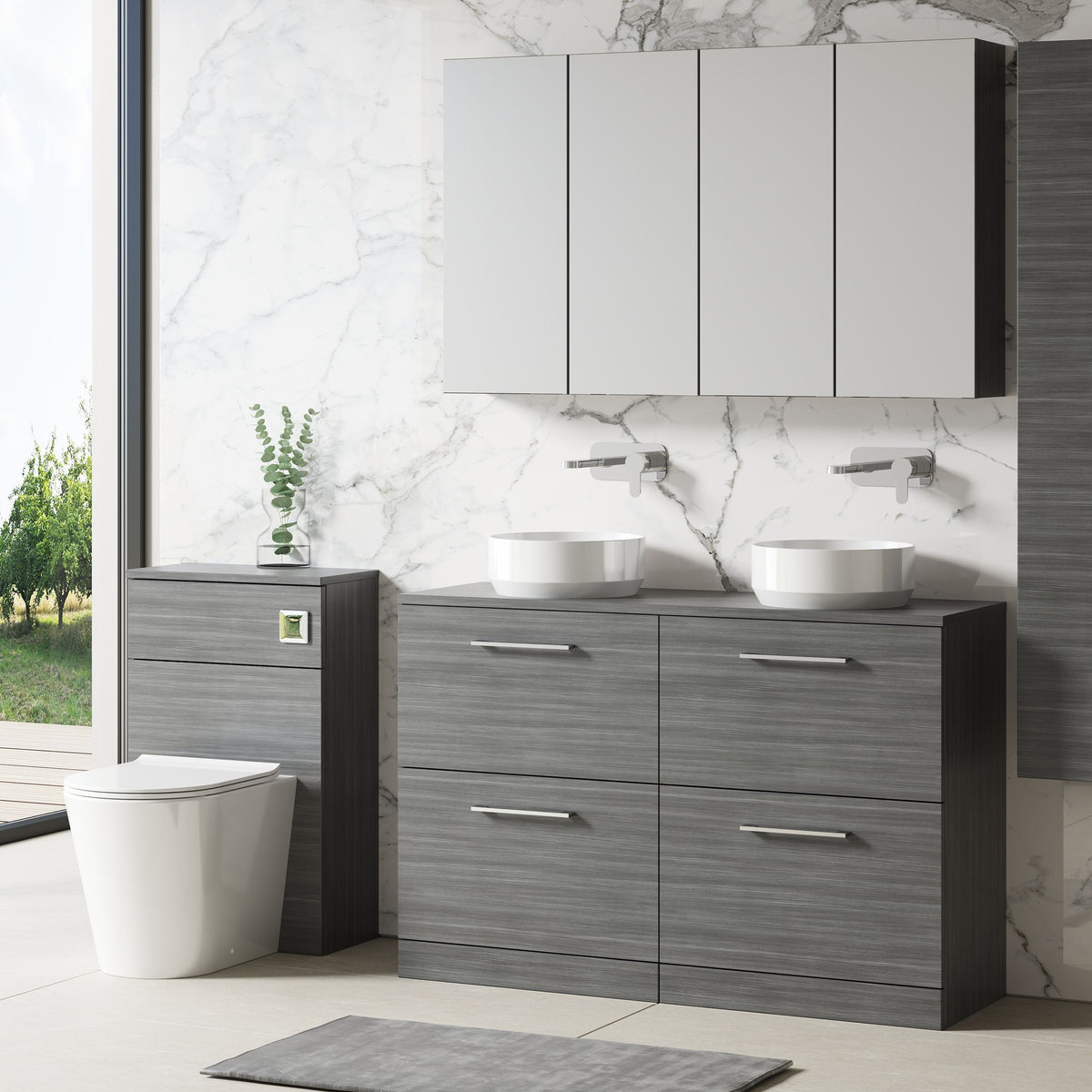 Modern Splash 1200mm Anthracite Woodgrain 4 Drawer Floor Standing Vanity Unit With Co-ordinating Worktop