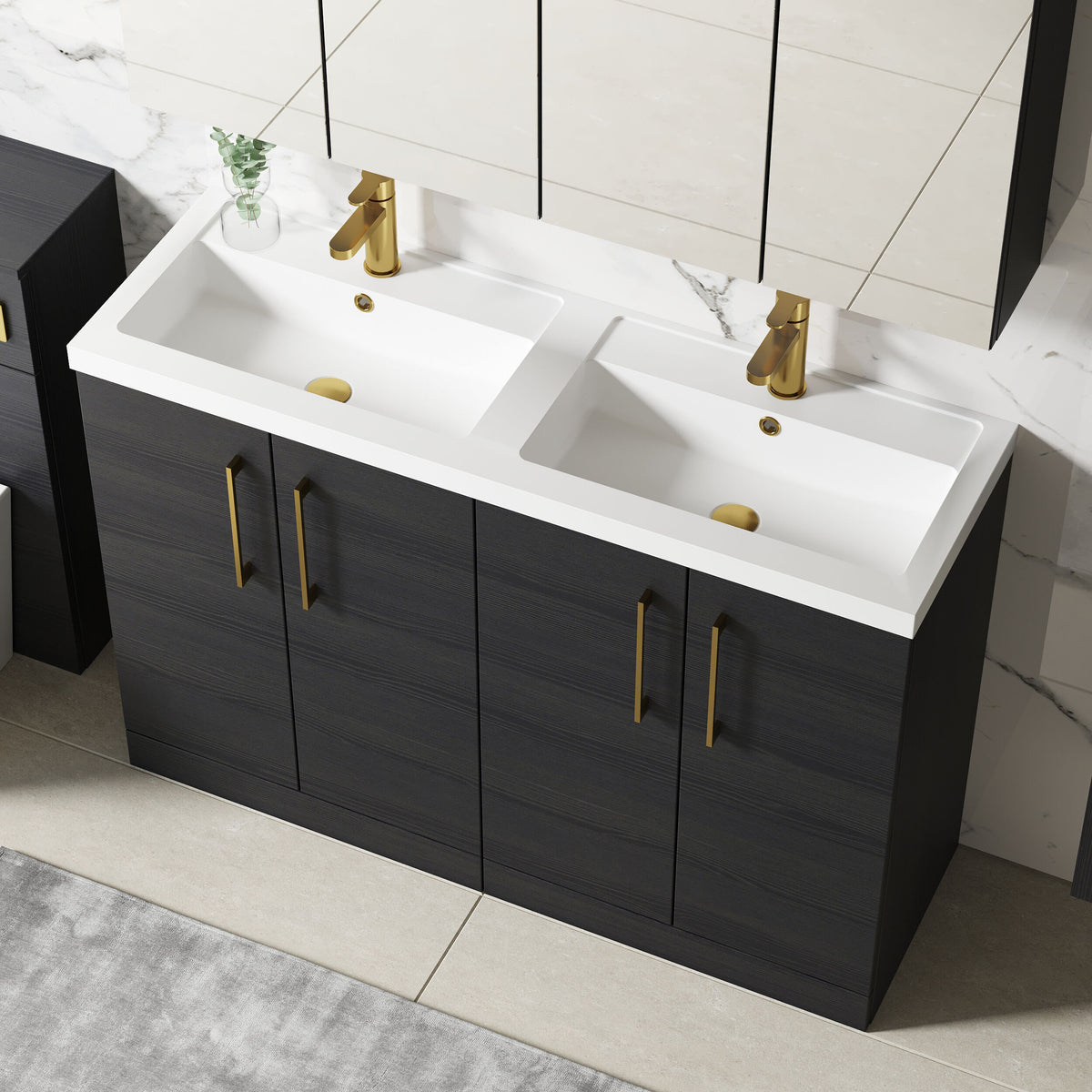 Modern Splash 1200mm Charcoal Black 4 Door Floor Standing Vanity Unit With 2 Tap Hole Polymarble basin