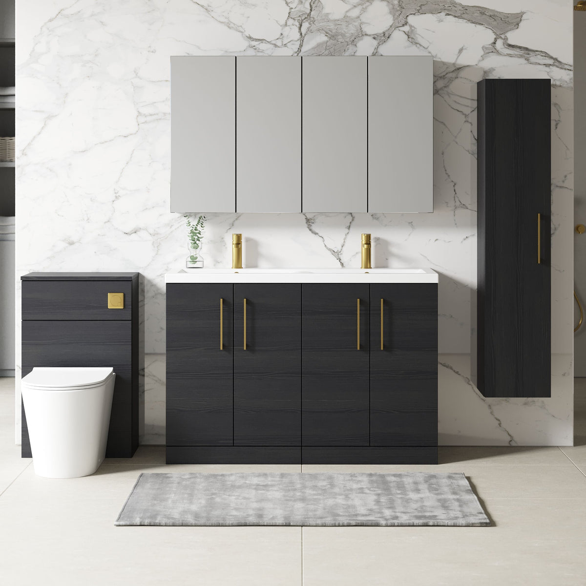 Modern Splash 1200mm Charcoal Black 4 Door Floor Standing Vanity Unit With 2 Tap Hole Ceramic Basin