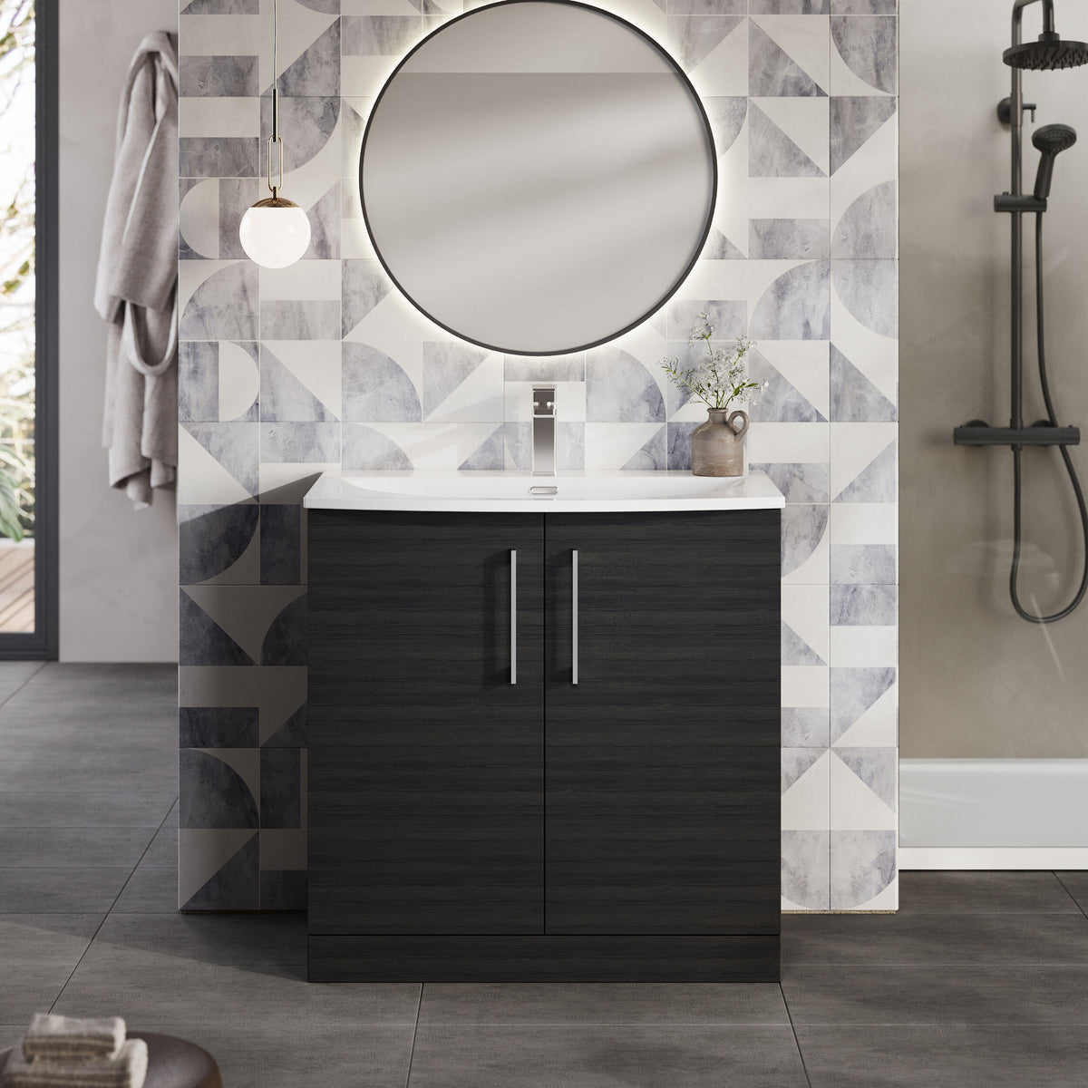 Modern Splash 800mm Charcoal Black 2 Door Floor Standing Vanity Unit With Curved Basin