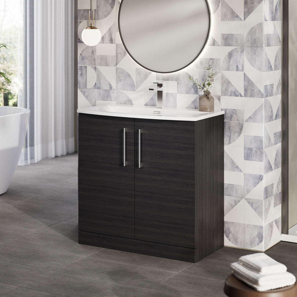 Modern Splash 800mm Charcoal Black 2 Door Floor Standing Vanity Unit With Curved Basin