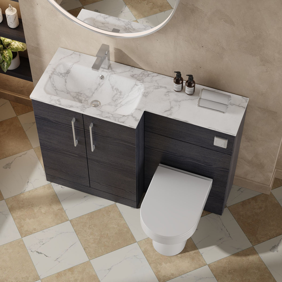 Modern Splash 1100mm Charcoal Black 2 Door Floor Standing Left-Hand Combination Unit With Stone Basin