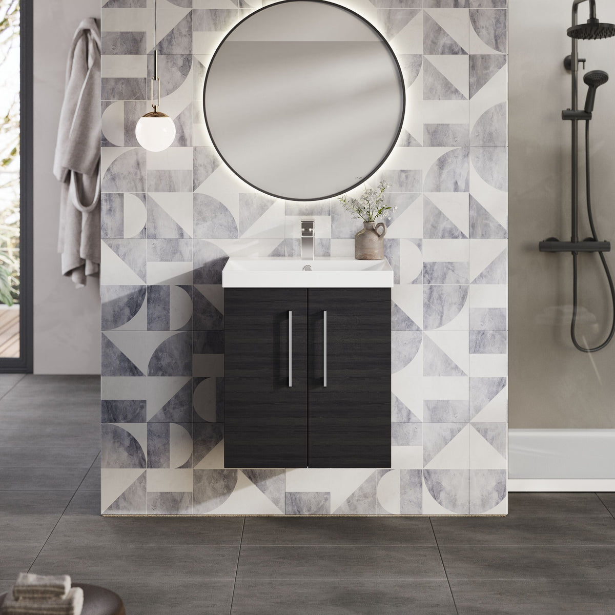 Modern Splash 500mm Charcoal Black 2 Door Wall Hung Vanity Unit With Thin Edge Basin