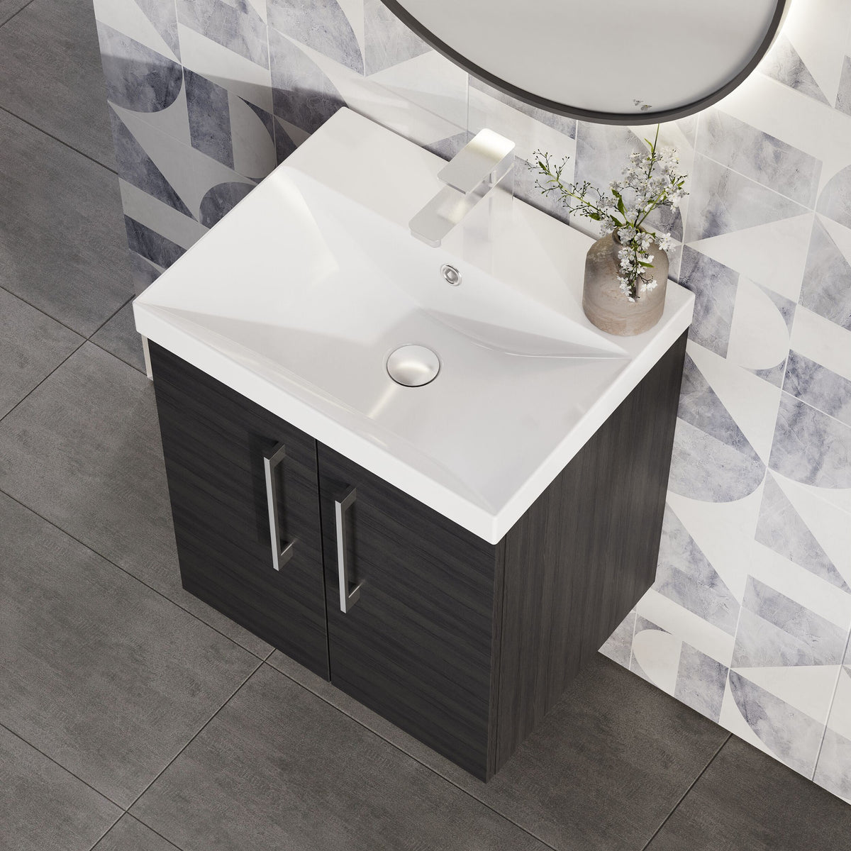 Modern Splash 500mm Charcoal Black 2 Door Wall Hung Vanity Unit With Thin Edge Basin