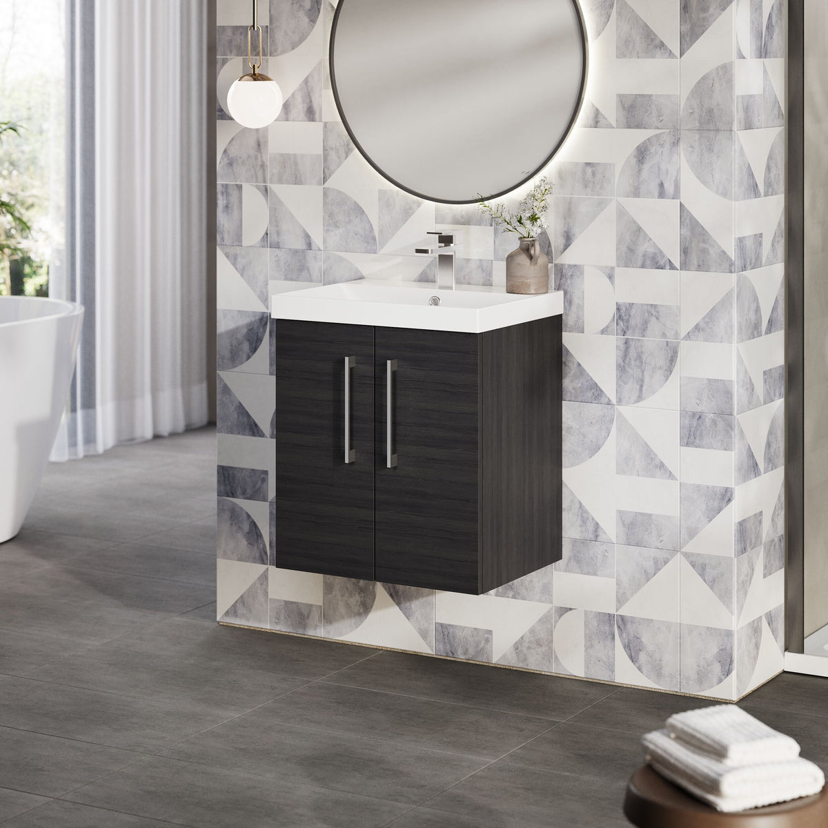 Modern Splash 500mm Charcoal Black 2 Door Wall Hung Vanity Unit With Thin Edge Basin