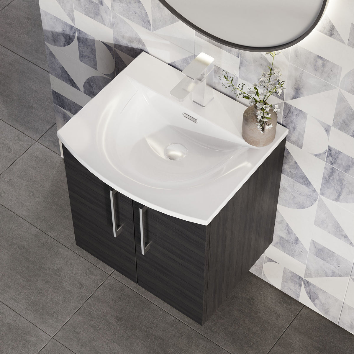 Modern Splash 500mm Charcoal Black 2 Door Wall Hung Vanity Unit With Curved Basin