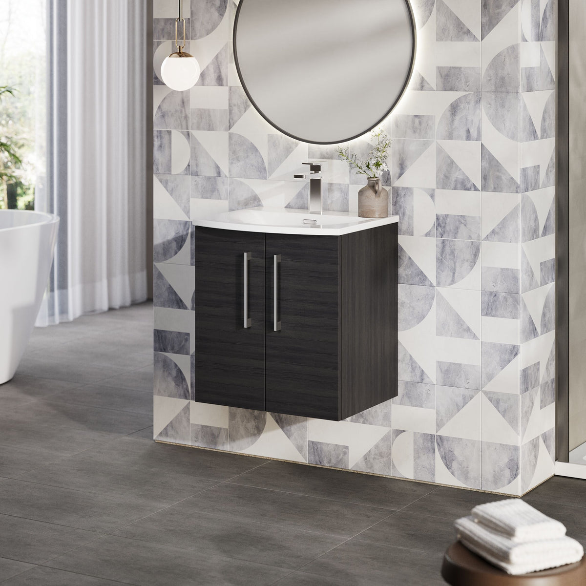 Modern Splash 500mm Charcoal Black 2 Door Wall Hung Vanity Unit With Curved Basin