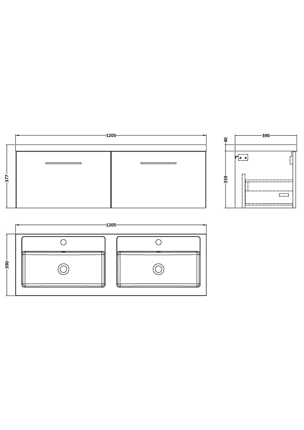 Modern Splash 1200mm Charcoal Black 2 Drawer Wall Hung Vanity Unit With 2 Tap Hole Polymarble basin
