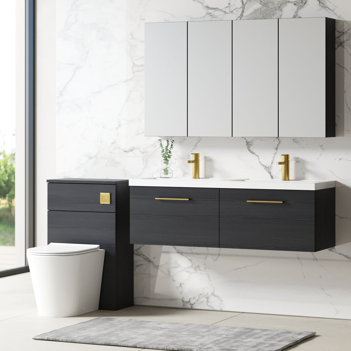 Modern Splash 1200mm Charcoal Black 2 Drawer Wall Hung Vanity Unit With 2 Tap Hole Polymarble basin