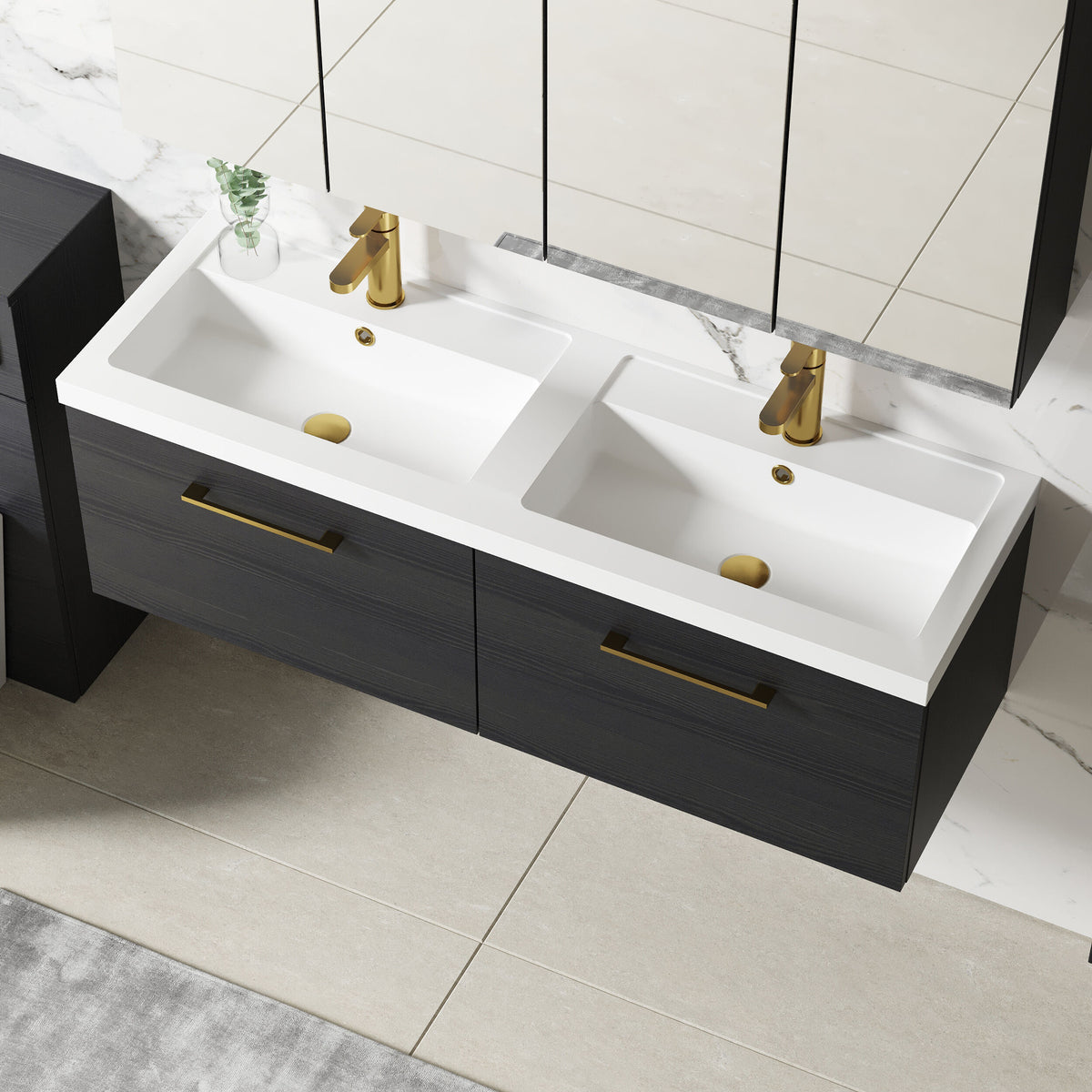 Modern Splash 1200mm Charcoal Black 2 Drawer Wall Hung Vanity Unit With 2 Tap Hole Polymarble basin