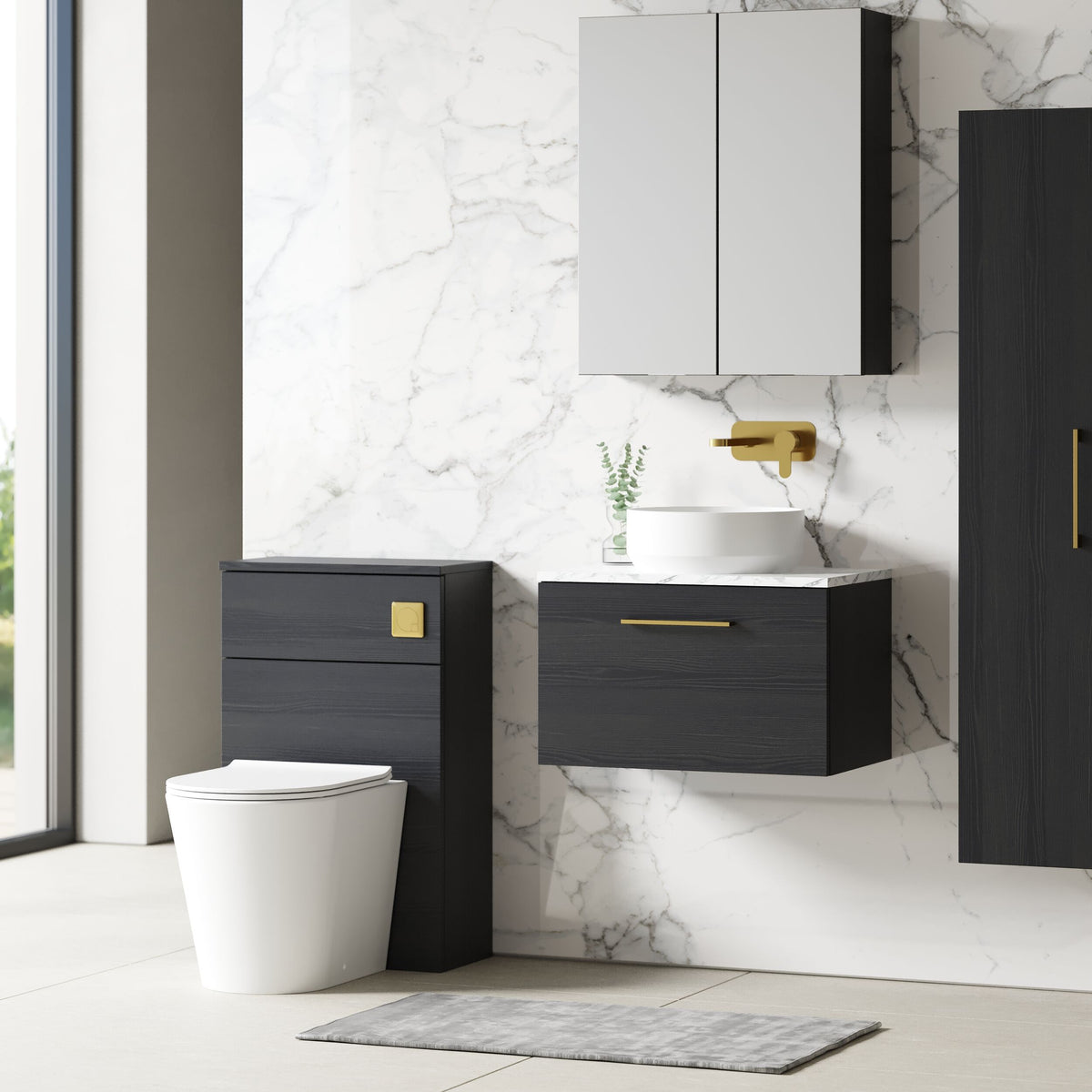 Modern Splash 600mm Charcoal Black 1 Drawer Wall Hung Vanity Unit With Carrara Laminate Worktop