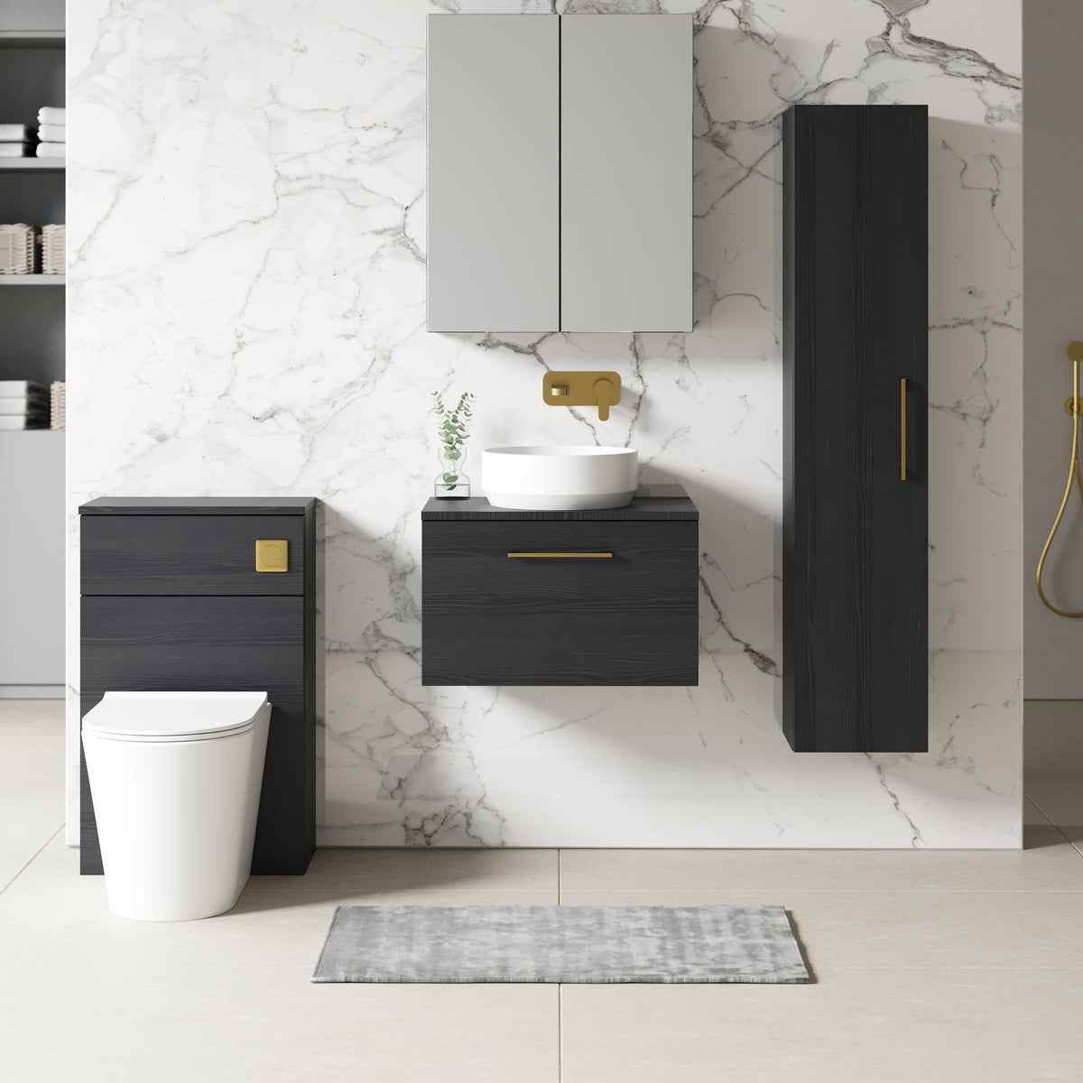 Modern Splash 600mm Charcoal Black 1 Drawer Wall Hung Charcoal Black Vanity Unit With Co-ordinating Worktop