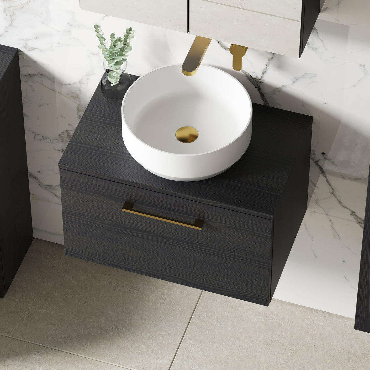 Modern Splash 600mm Charcoal Black 1 Drawer Wall Hung Charcoal Black Vanity Unit With Co-ordinating Worktop