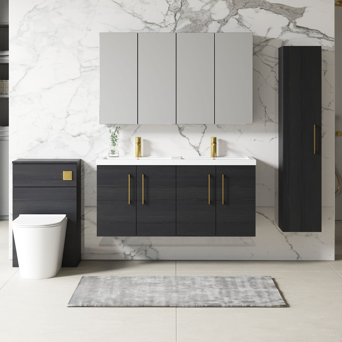 Modern Splash 1200mm Charcoal Black 4 Door Wall Hung Vanity Unit With 2 Tap Hole Polymarble basin