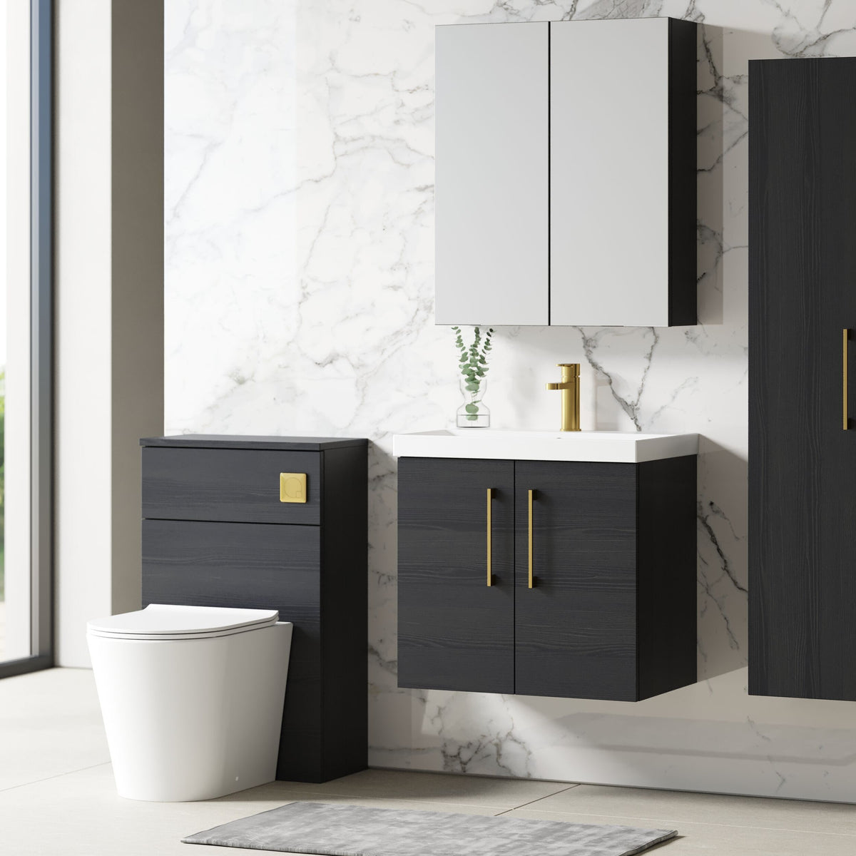 Modern Splash 600mm Charcoal Black 2 Door Wall Hung Vanity Unit With Thin Edge Basin