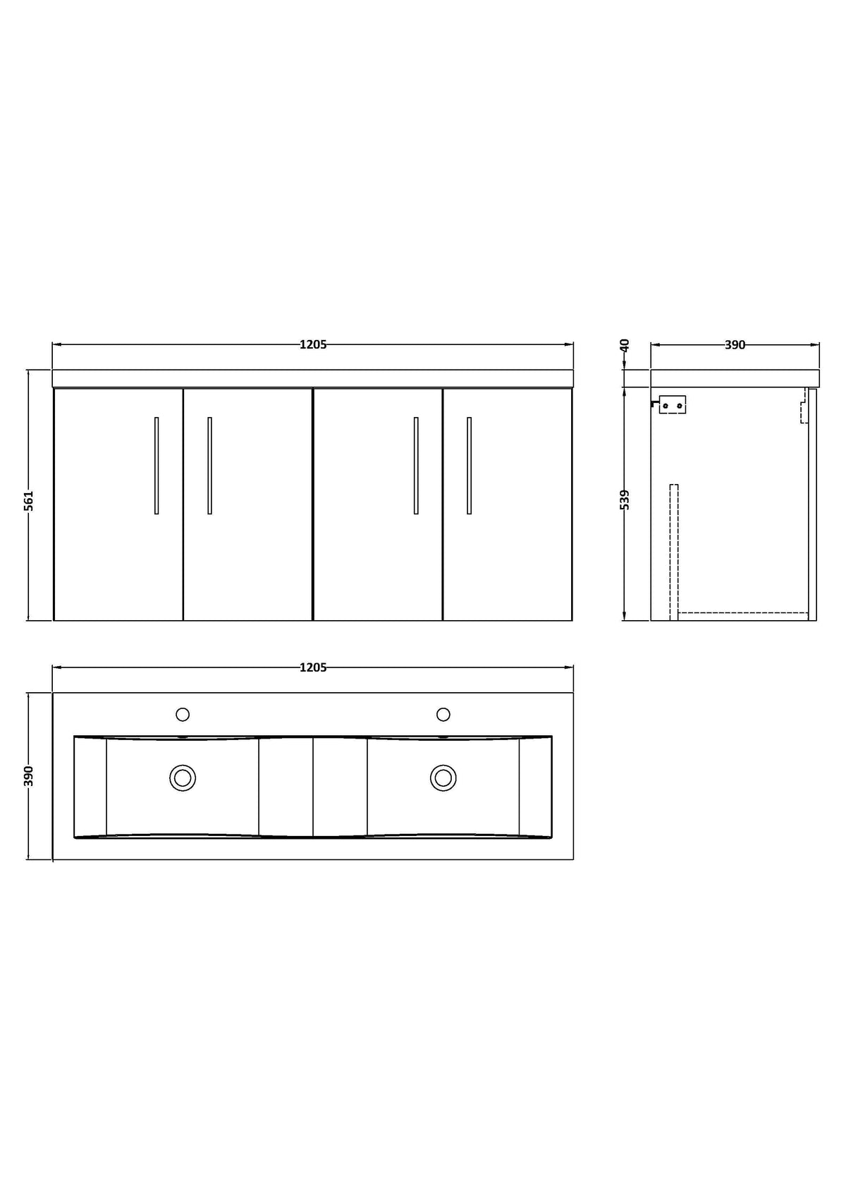 Modern Splash 1200mm Charcoal Black 4 Door Wall Hung Vanity Unit With 2 Tap Hole Ceramic Basin