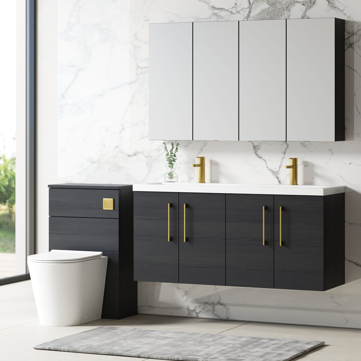 Modern Splash 1200mm Charcoal Black 4 Door Wall Hung Vanity Unit With 2 Tap Hole Ceramic Basin