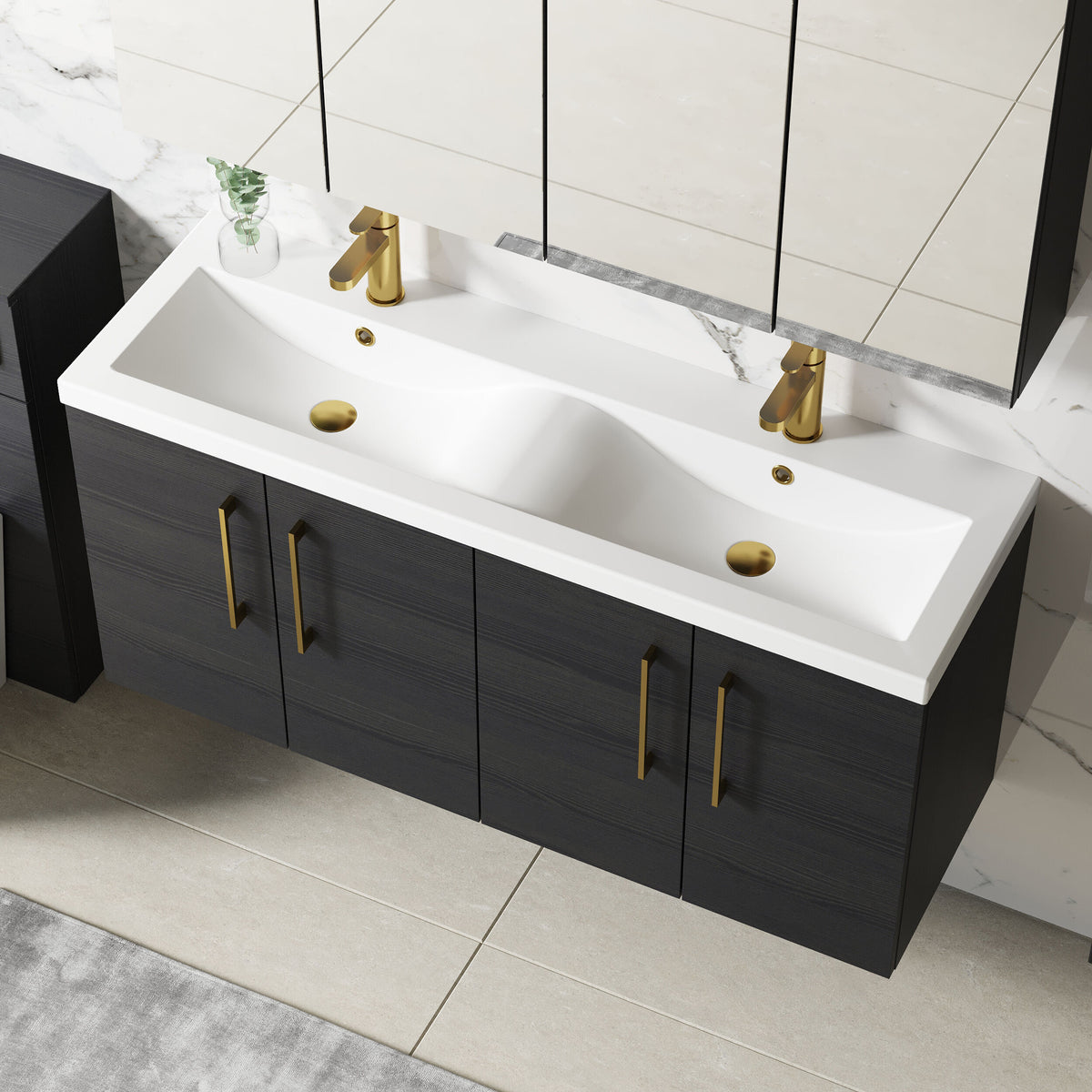 Modern Splash 1200mm Charcoal Black 4 Door Wall Hung Vanity Unit With 2 Tap Hole Ceramic Basin