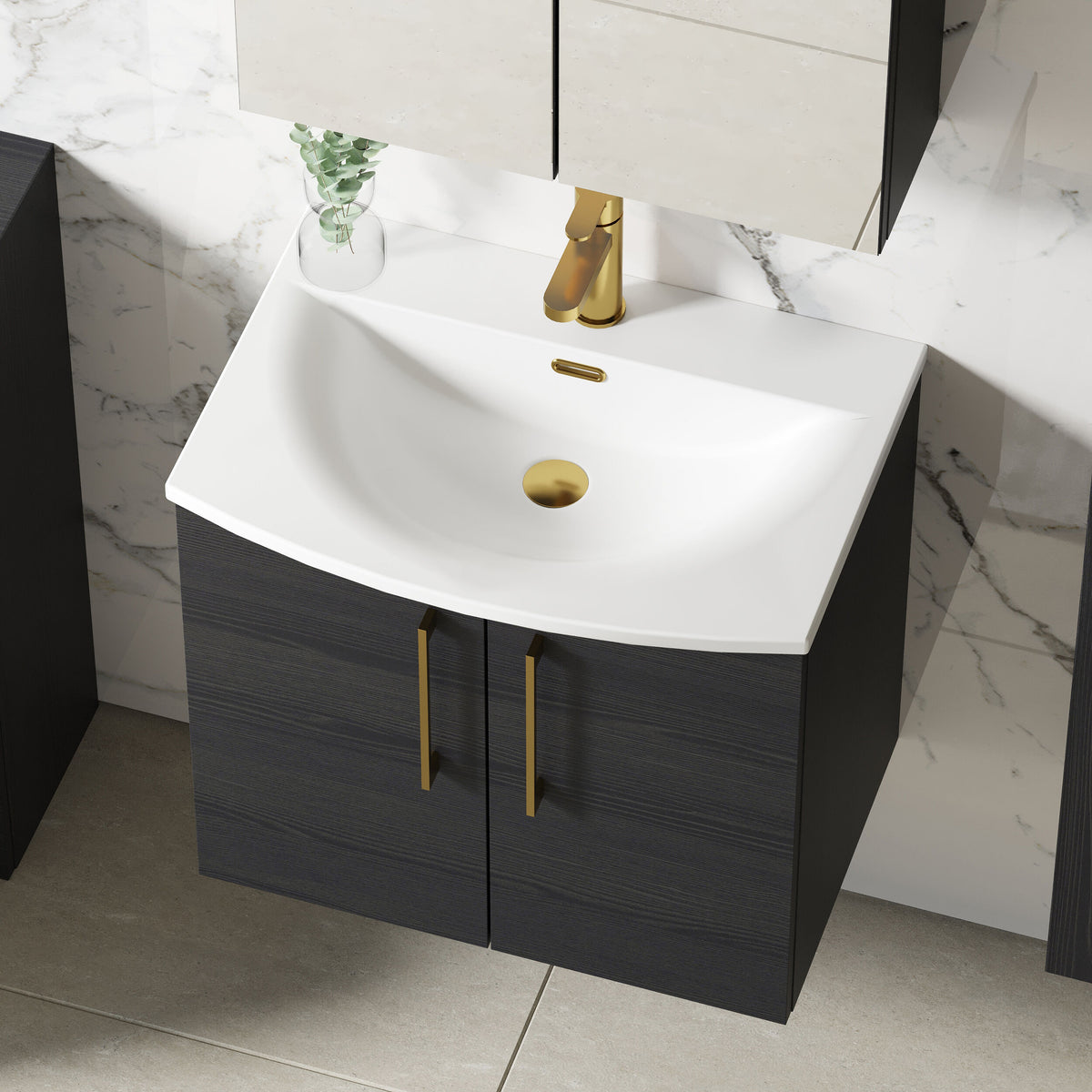 Modern Splash 600mm Charcoal Black 2 Door Wall Hung Vanity Unit With Curved Basin