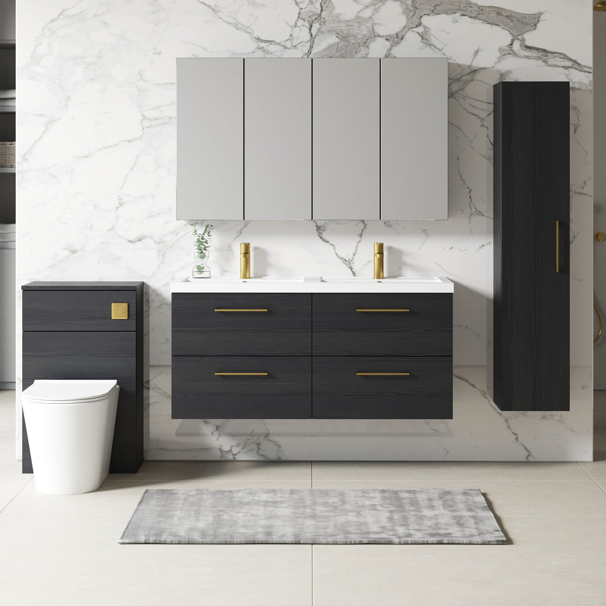 Modern Splash 1200mm Charcoal Black 4 Drawer Wall Hung Vanity Unit With 2 Tap Hole Polymarble basin
