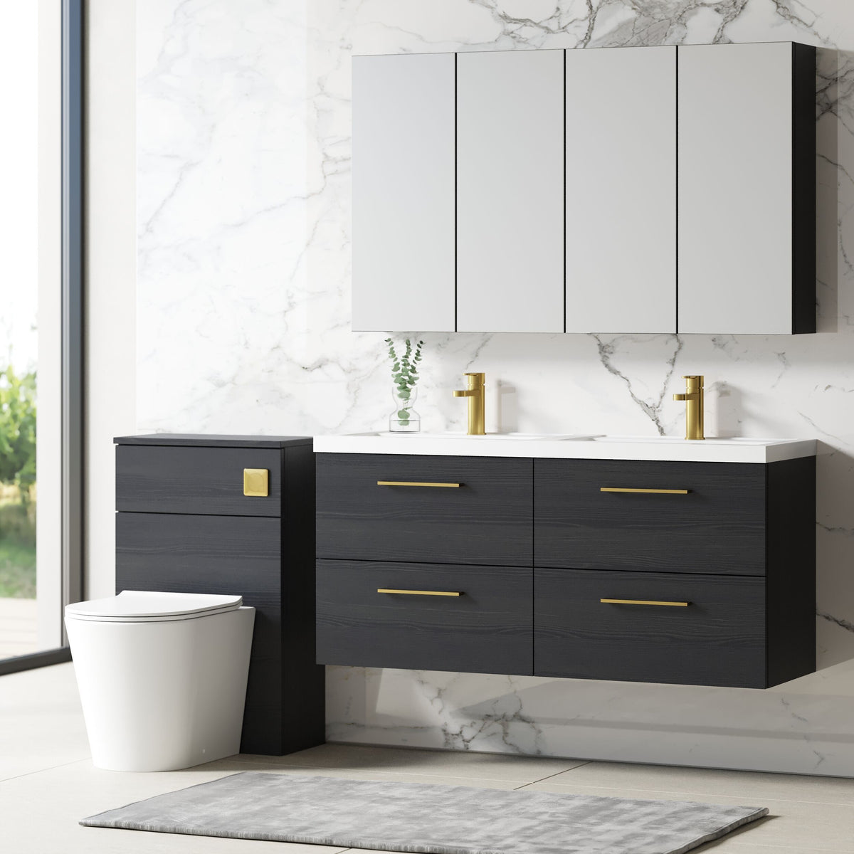 Modern Splash 1200mm Charcoal Black 4 Drawer Wall Hung Vanity Unit With 2 Tap Hole Polymarble basin
