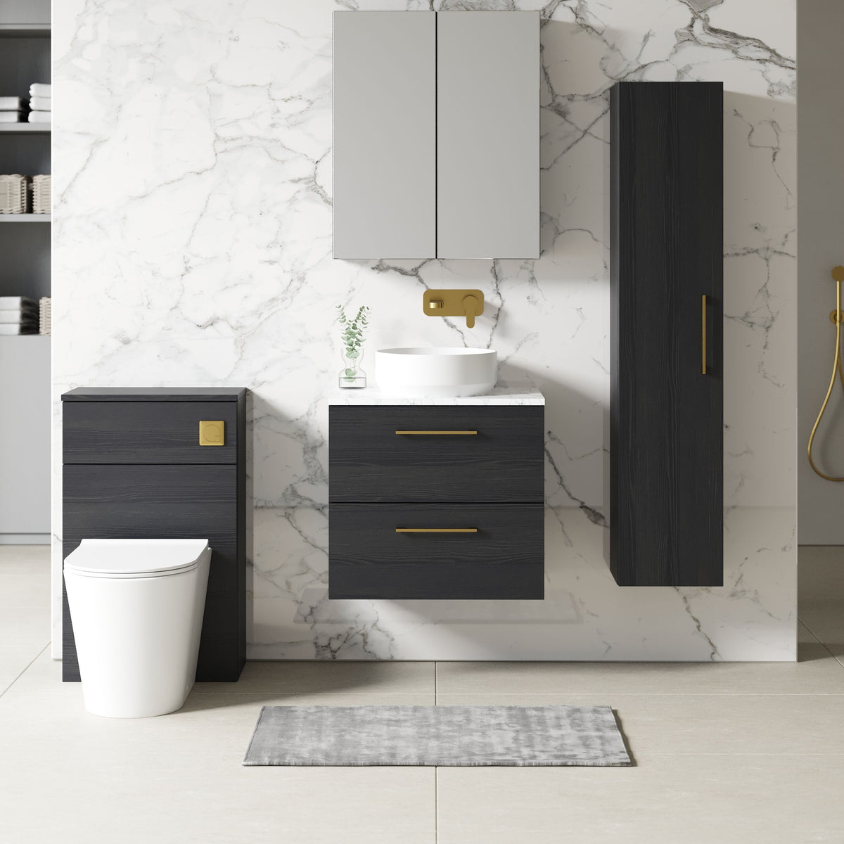 Modern Splash 600mm Charcoal Black 2 Drawer Wall Hung Charcoal Black Vanity Unit With Carrara Laminate Worktop
