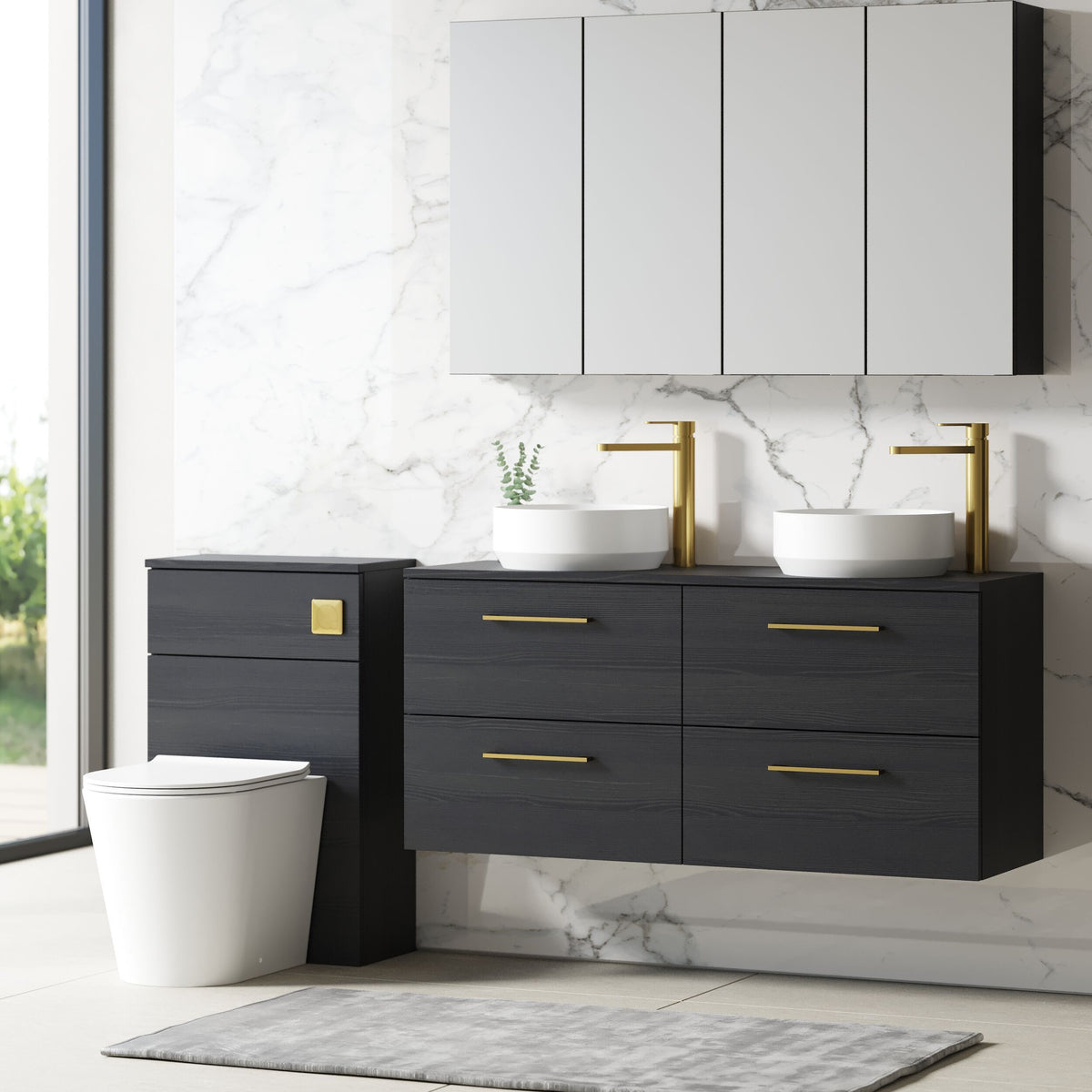 Modern Splash 1200mm Charcoal Black 4 Drawer Wall Hung Charcoal Black Vanity Unit With Co-ordinating Worktop