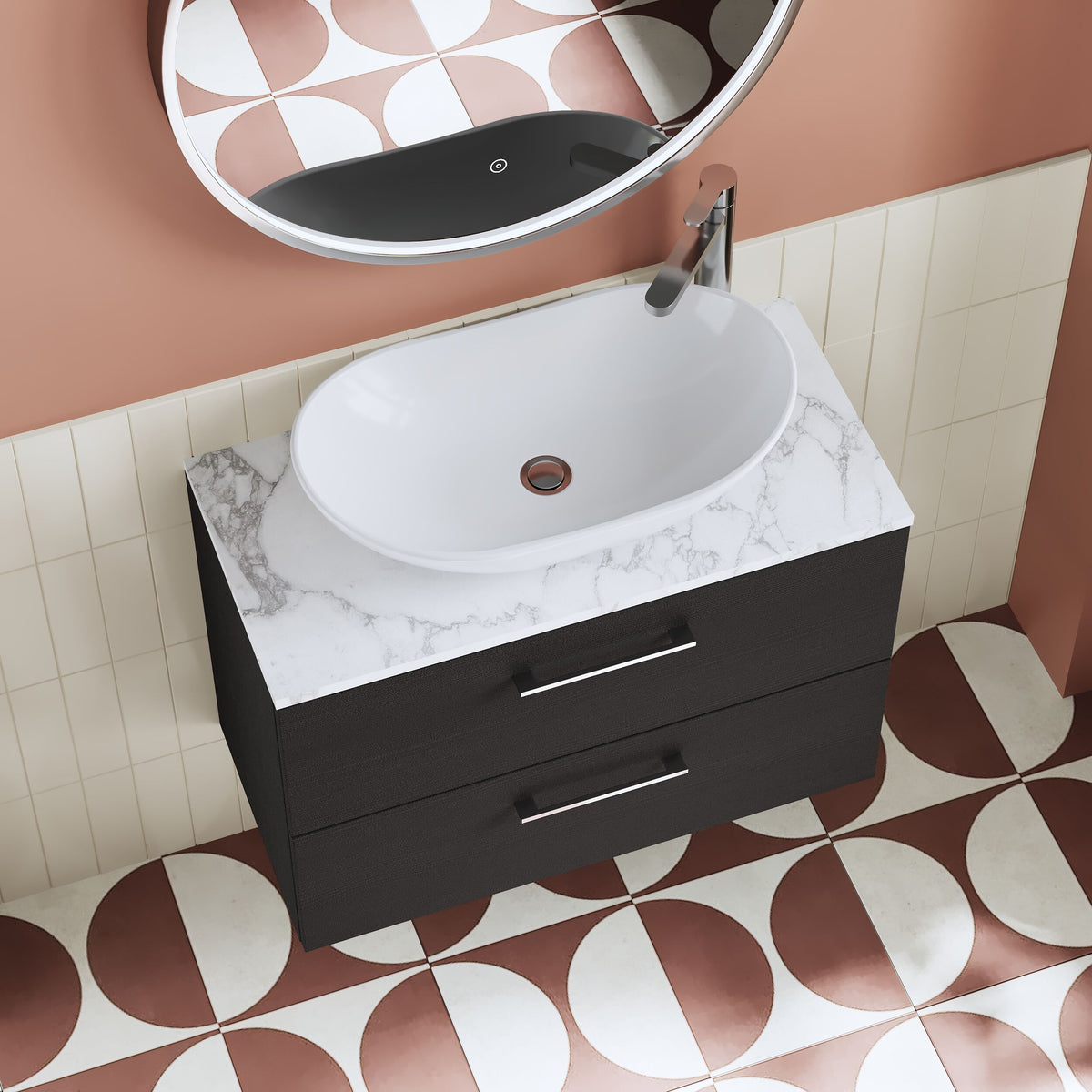 Modern Splash 800mm Charcoal Black 2 Drawer Wall Hung Charcoal Black Vanity Unit With Carrara Laminate Worktop