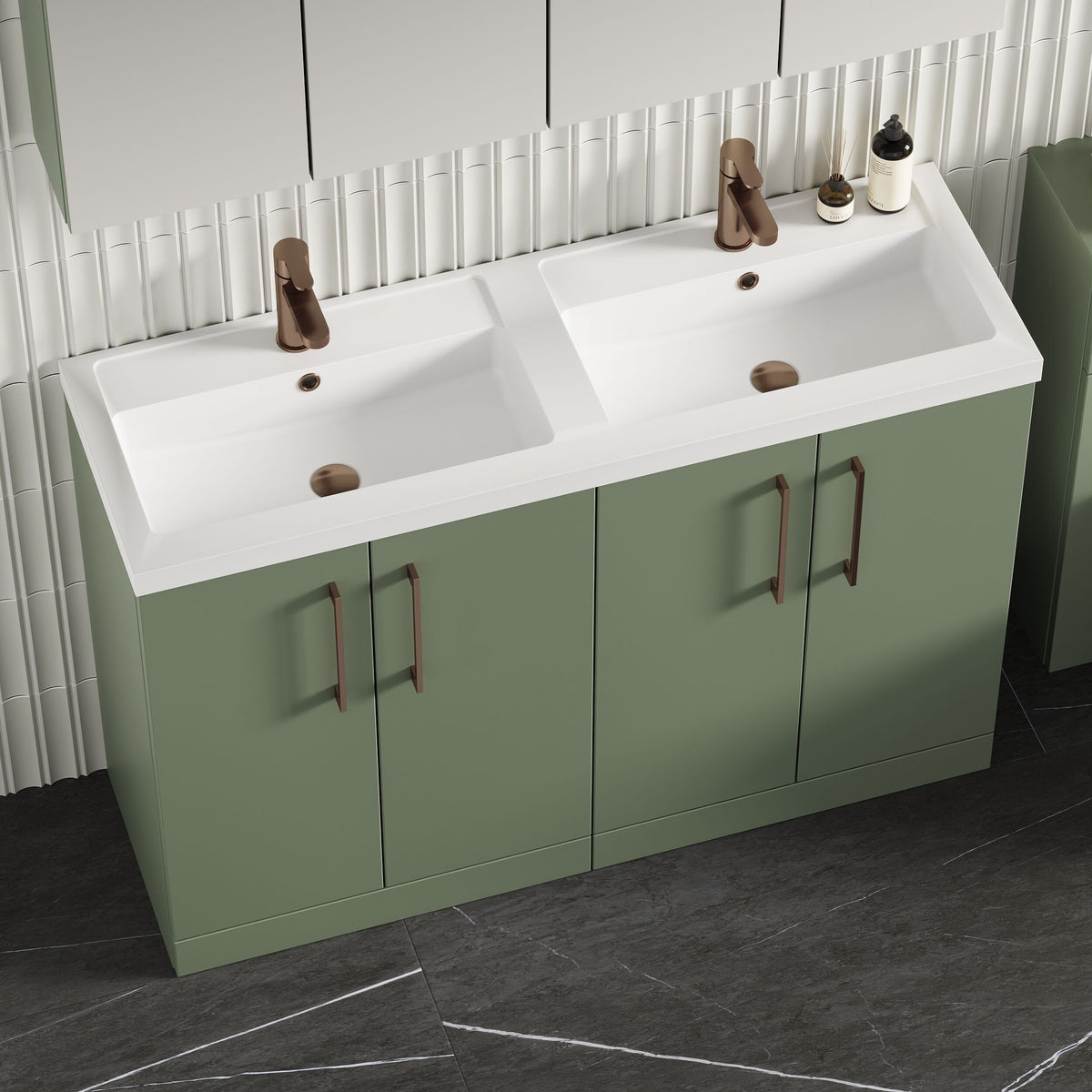 Modern Splash 1200mm Satin Green 4 Door Floor Standing Vanity Unit With 2 Tap Hole Polymarble basin