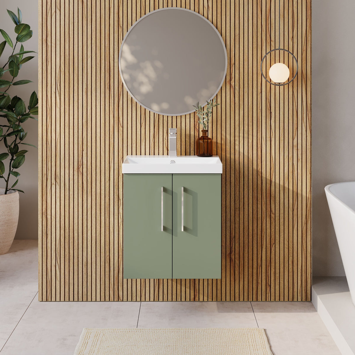 Modern Splash 500mm Satin Green 2 Door Wall Hung Vanity Unit With Thin Edge Basin