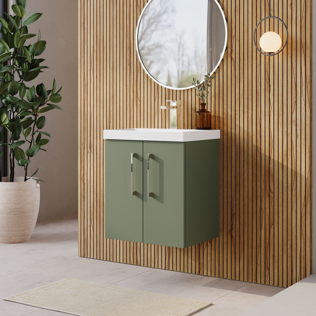 Modern Splash 500mm Satin Green 2 Door Wall Hung Vanity Unit With Thin Edge Basin