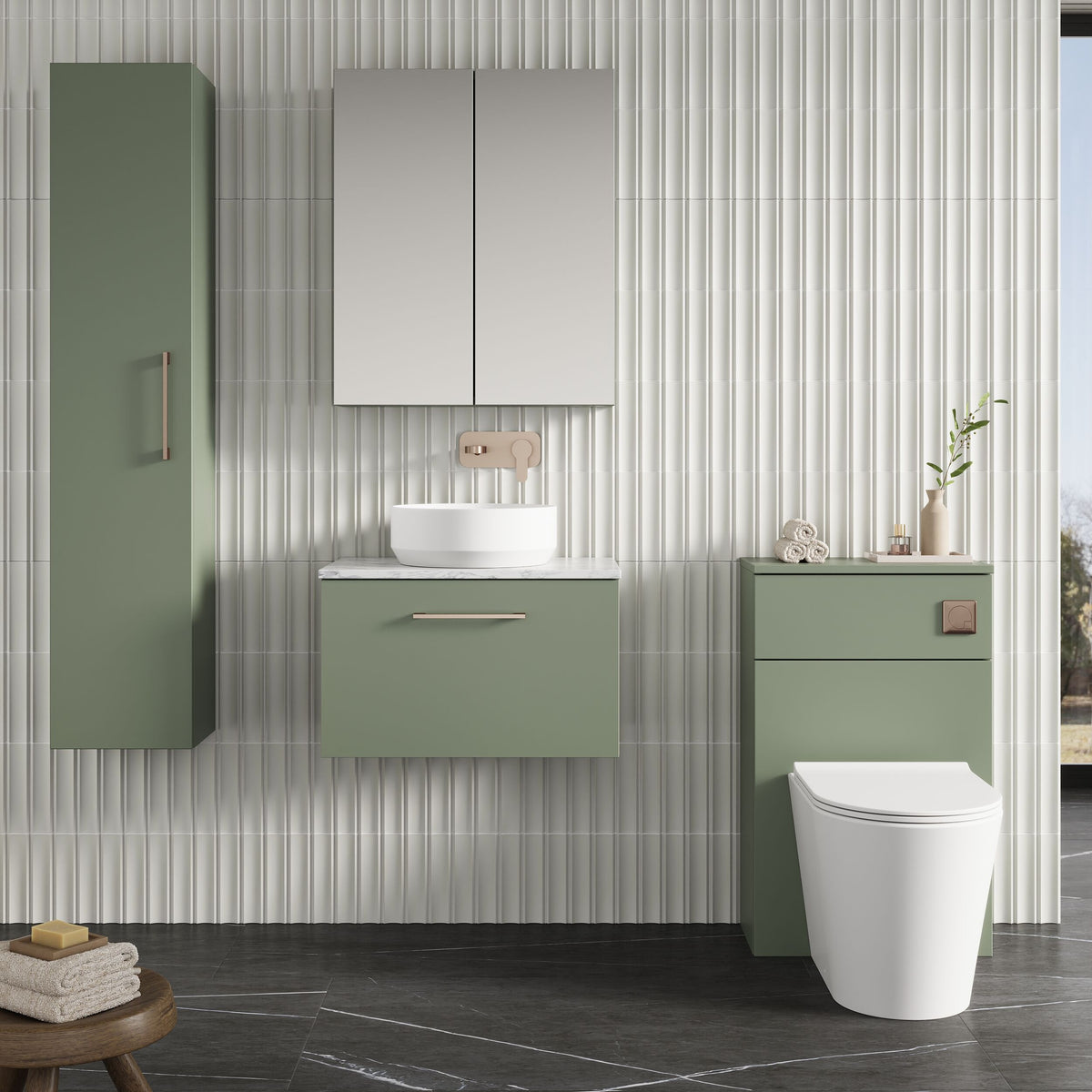 Modern Splash 600mm Satin Green 1 Drawer Wall Hung Vanity Unit With Carrara Laminate Worktop
