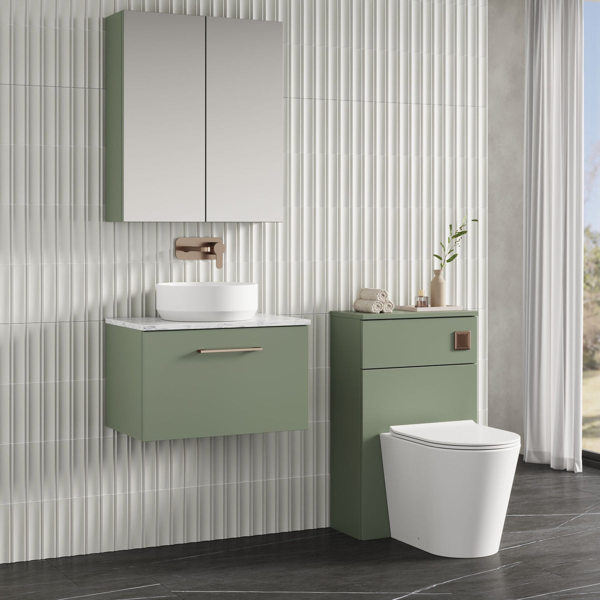 Modern Splash 600mm Satin Green 1 Drawer Wall Hung Vanity Unit With Carrara Laminate Worktop
