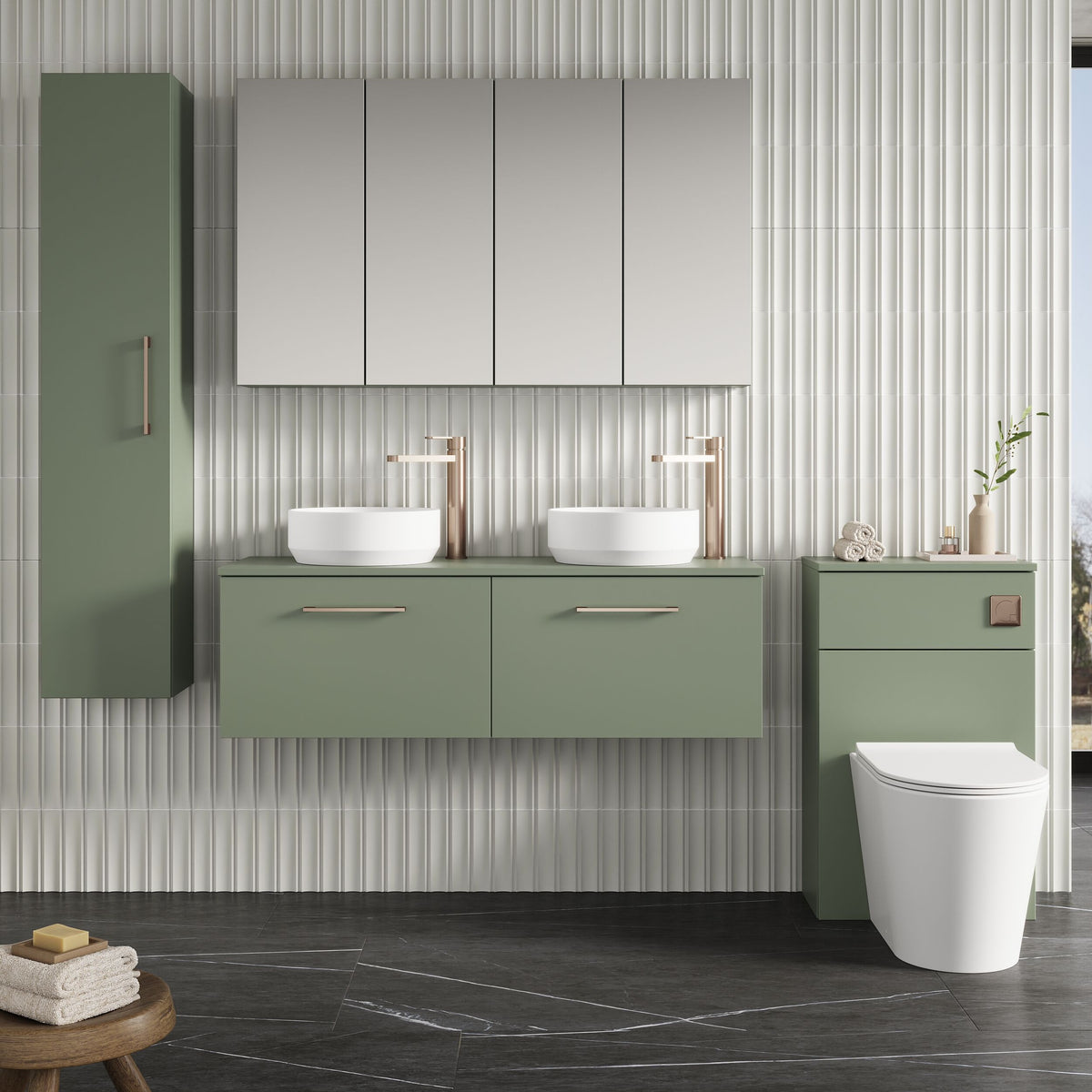 Modern Splash 1200mm Satin Green 2 Drawer Wall Hung Vanity Unit With Co-ordinating Worktop