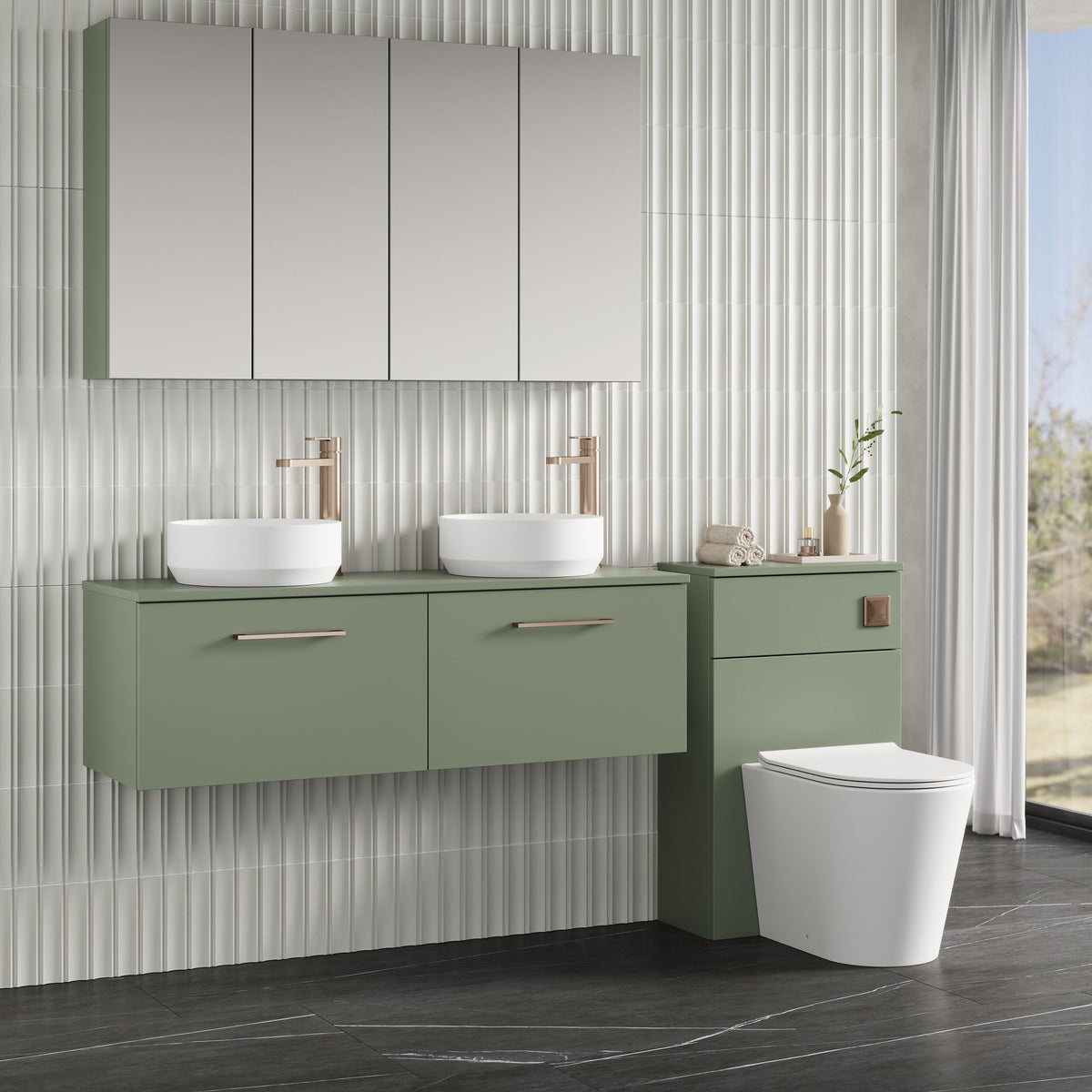 Modern Splash 1200mm Satin Green 2 Drawer Wall Hung Vanity Unit With Co-ordinating Worktop