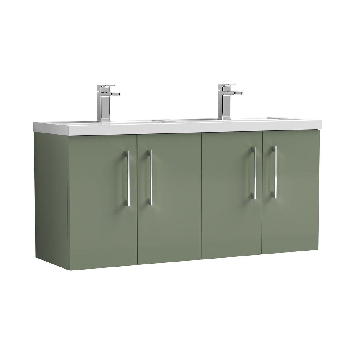 Modern Splash 1200mm Satin Green 4 Door Wall Hung Vanity Unit With 2 Tap Hole Polymarble basin
