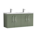 Modern Splash 1200mm Satin Green 4 Door Wall Hung Vanity Unit With 2 Tap Hole Polymarble basin