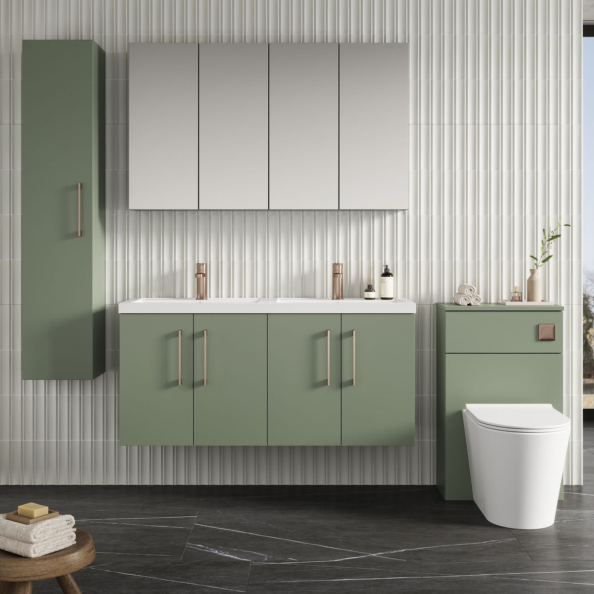 Modern Splash 1200mm Satin Green 4 Door Wall Hung Vanity Unit With 2 Tap Hole Polymarble basin