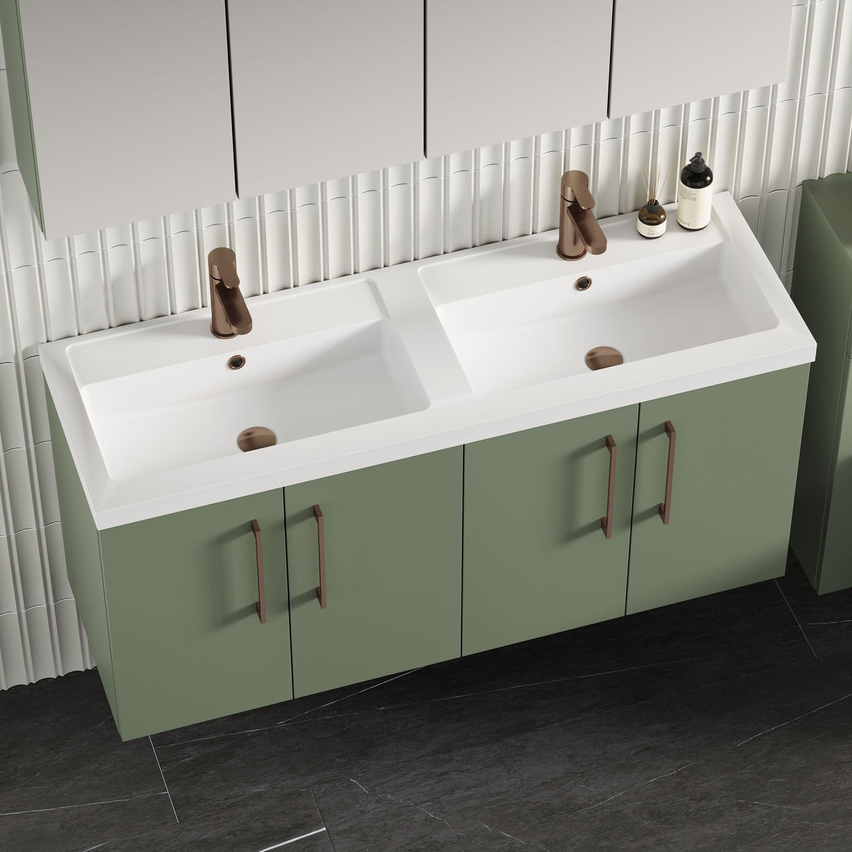Modern Splash 1200mm Satin Green 4 Door Wall Hung Vanity Unit With 2 Tap Hole Polymarble basin