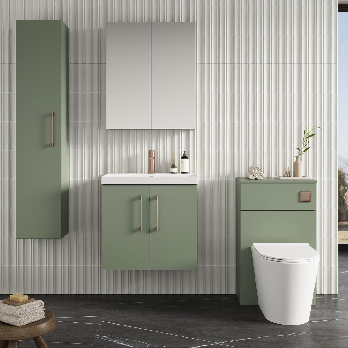 Modern Splash 600mm Satin Green 2 Door Wall Hung Vanity Unit With Thin Edge Basin