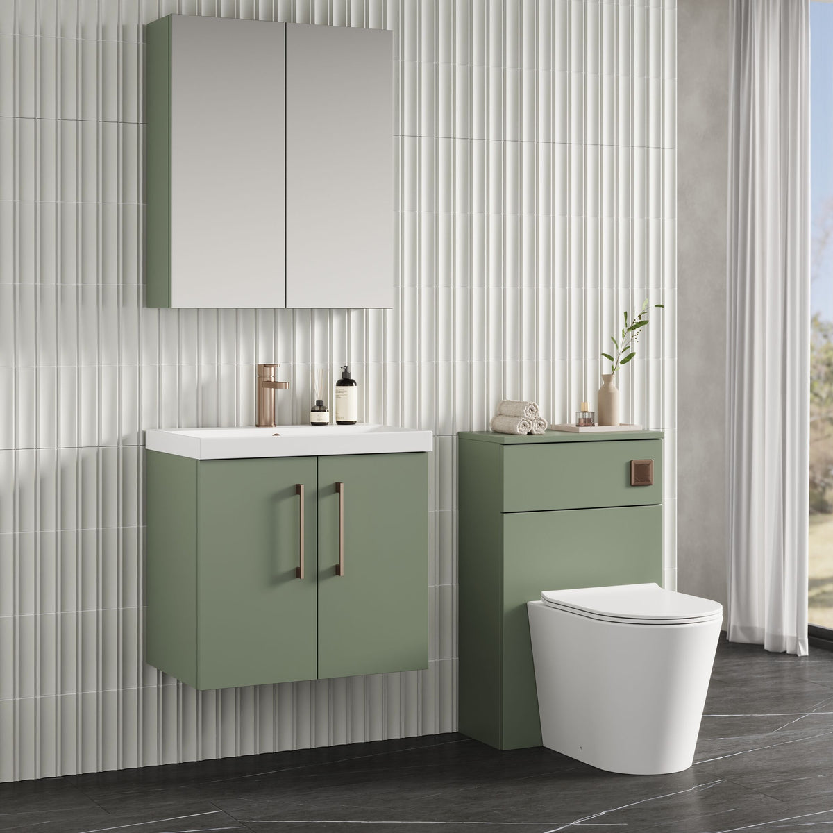 Modern Splash 600mm Satin Green 2 Door Wall Hung Vanity Unit With Thin Edge Basin