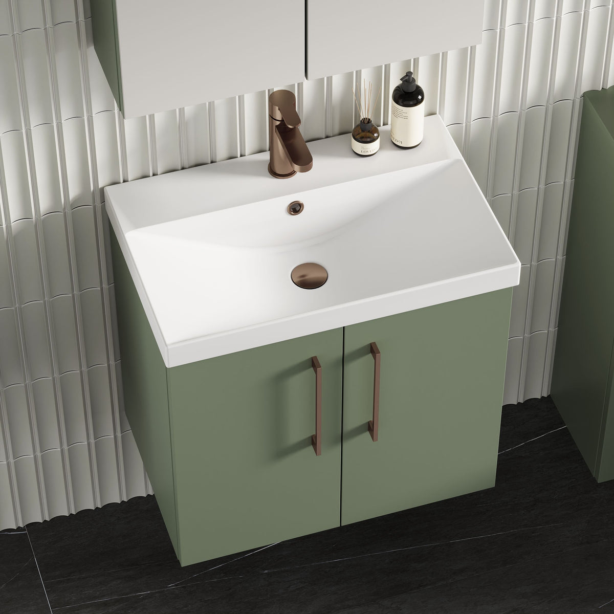 Modern Splash 600mm Satin Green 2 Door Wall Hung Vanity Unit With Thin Edge Basin