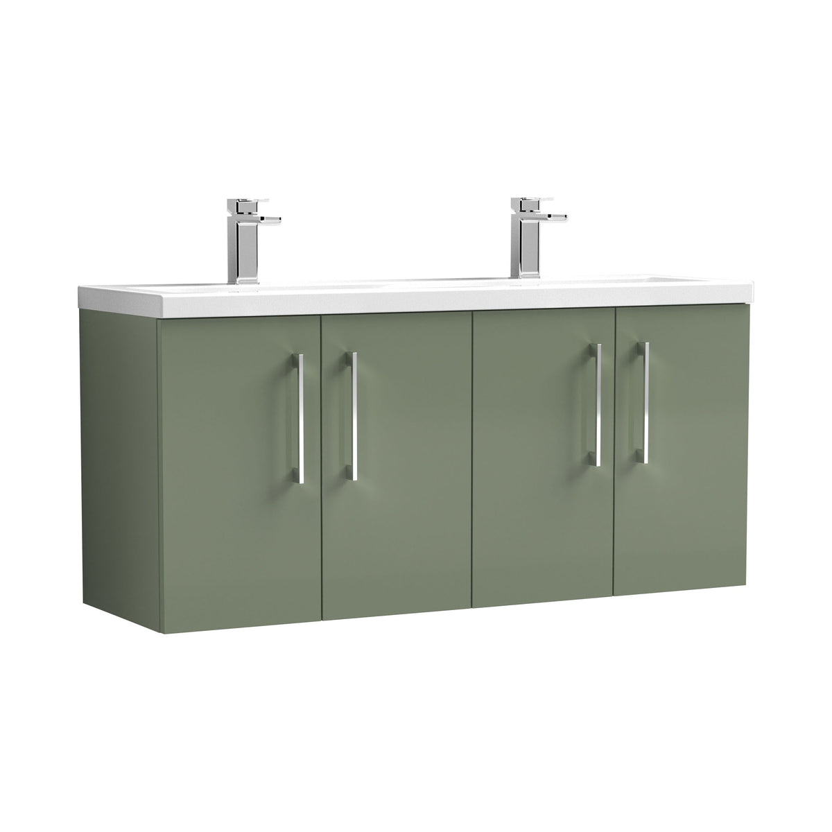 Modern Splash 1200mm Satin Green 4 Door Wall Hung Vanity Unit With 2 Tap Hole Ceramic Basin
