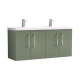 Modern Splash 1200mm Satin Green 4 Door Wall Hung Vanity Unit With 2 Tap Hole Ceramic Basin